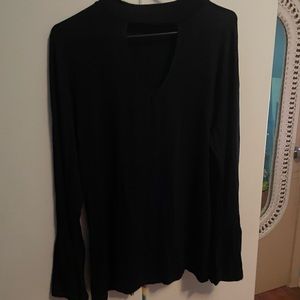 Black long sleeved T with bell sleeves and v neck cutout